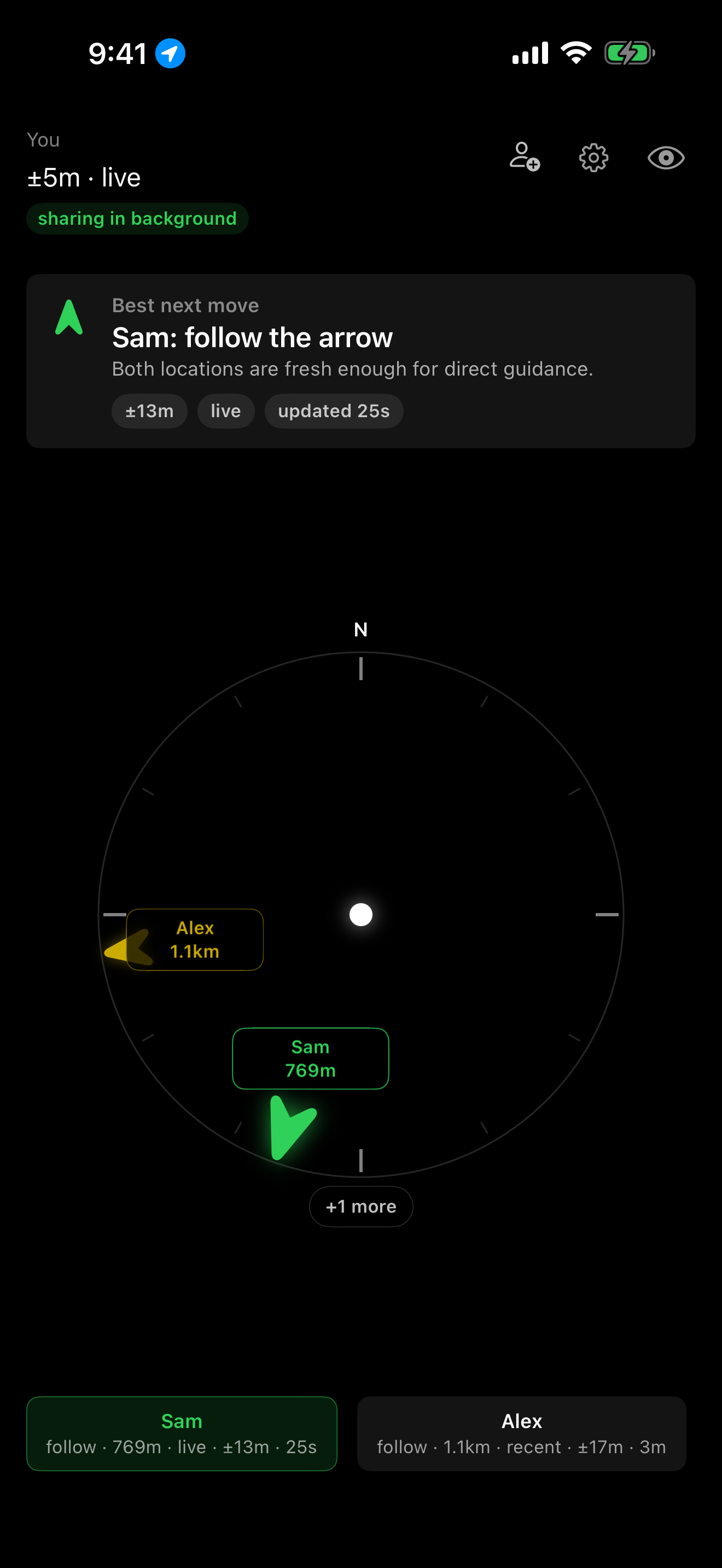 Northmate iPhone compass screen showing friend direction and distance